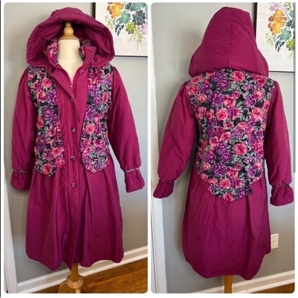 Vintage 80s Rothschild Coat Girls 14 Women’s S/M Pink Floral Puffer Jacket - Picture 2 of 9